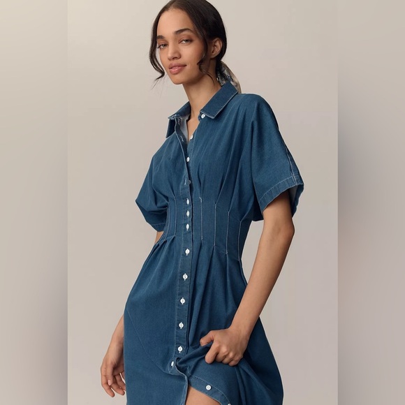 Anthropologie x Exquise The Tobie Button-Front Pleated Shirt Dress Denim LP NWT - Picture 2 of 15